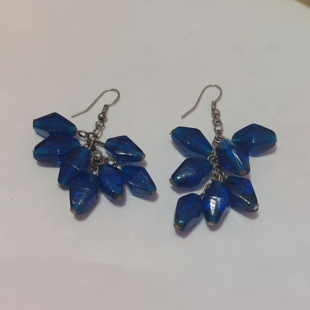 Blue Bicone Glass Beads Cluster Dangle Earrings